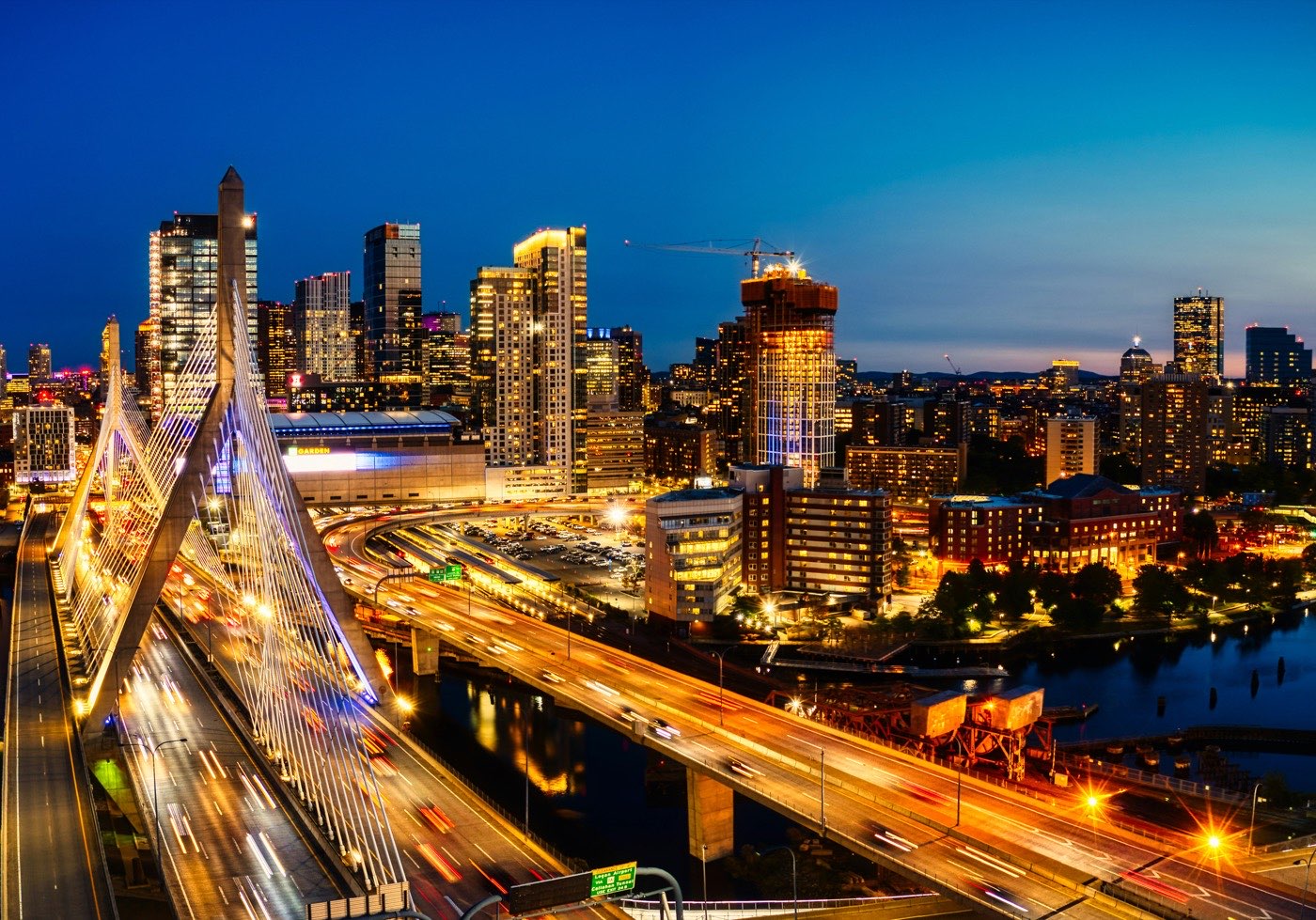 Boston at night, the Zakim bridge and the downtown skyline